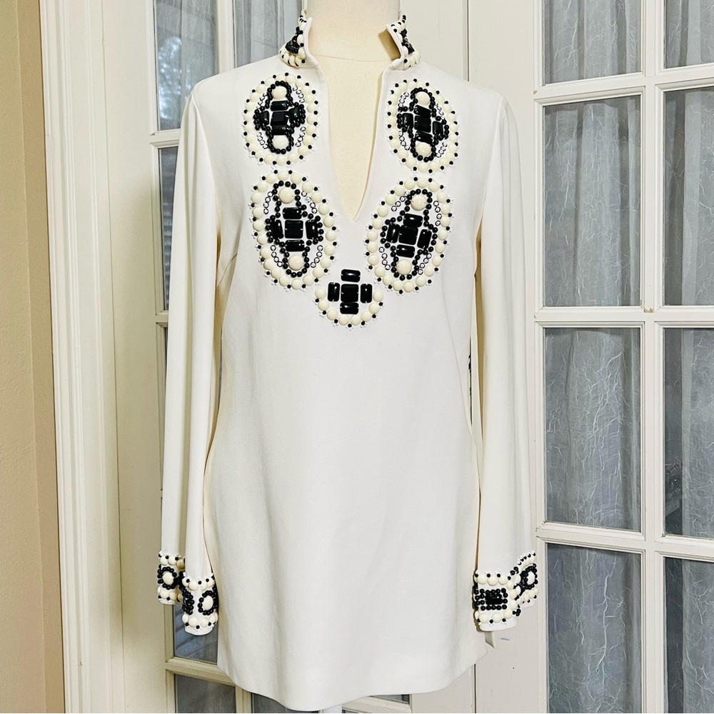 TORY BURCH Ivory Heavily Beaded Tunic Top sz 6 - Picture 3 of 13